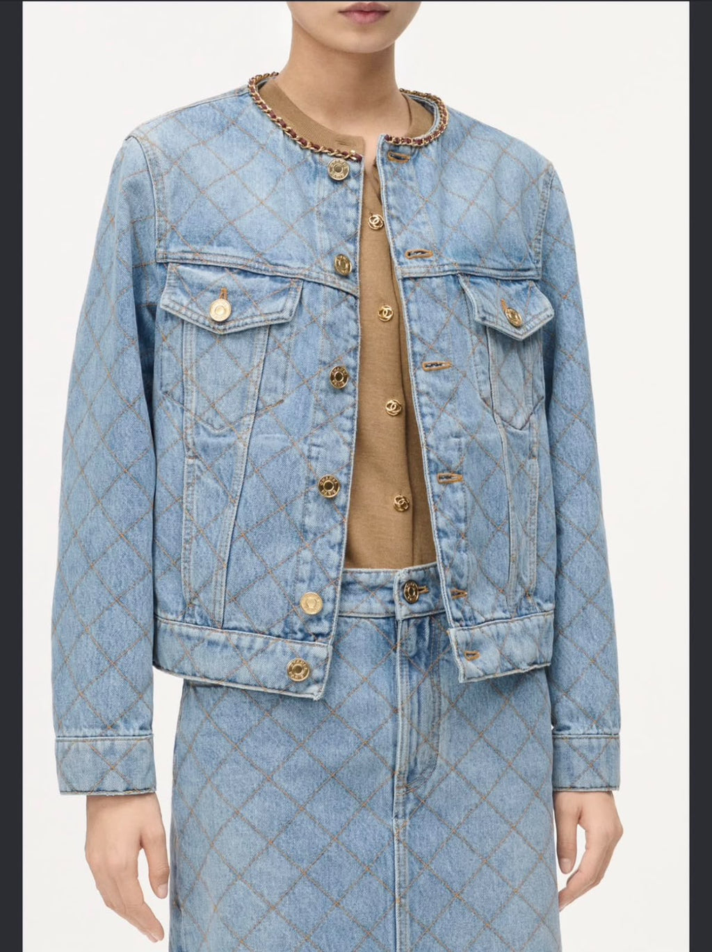 Chanel Quilted Light Wash Denim Jacket & Matching Skirt Set