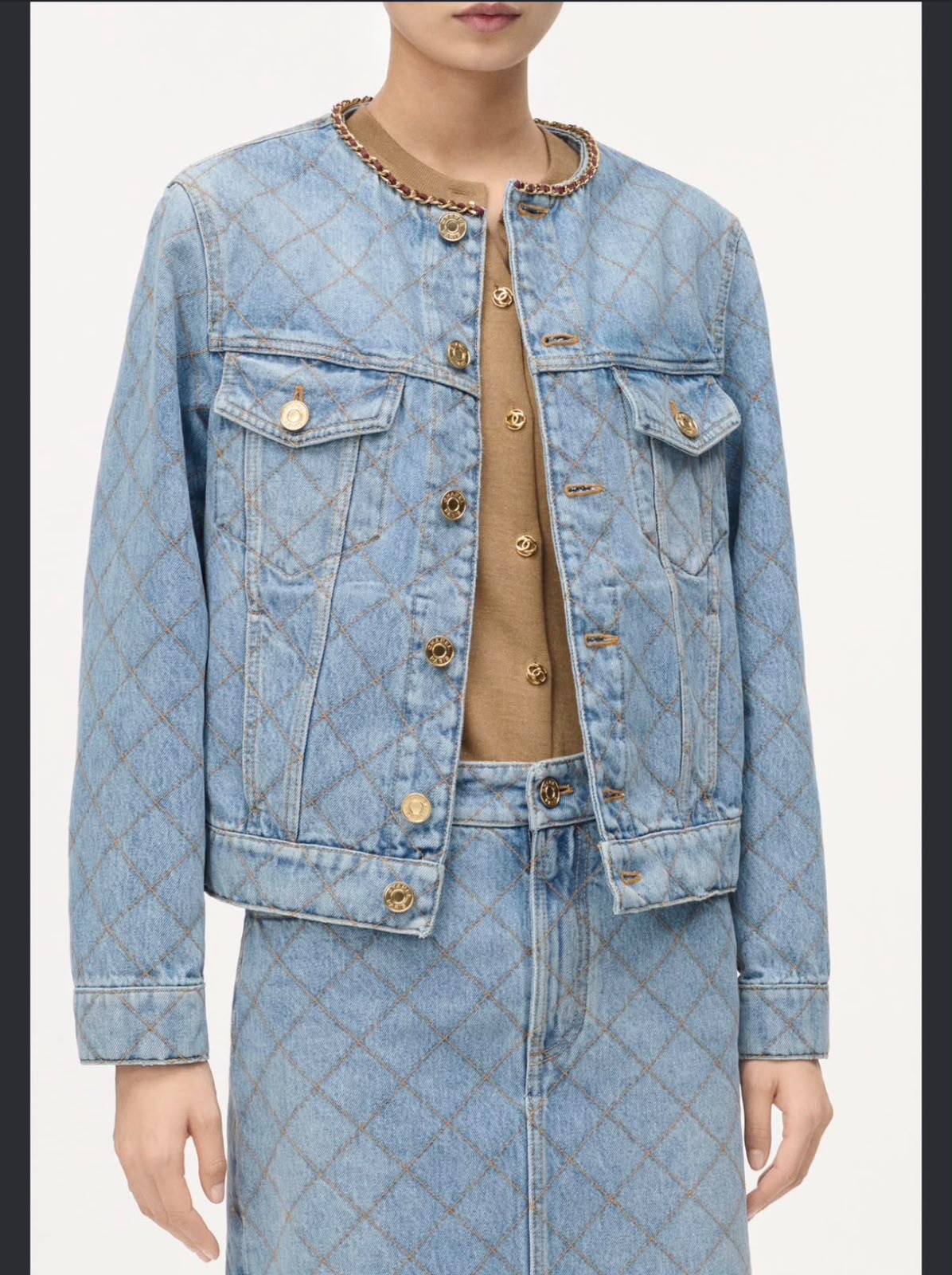 Chanel Quilted Light Wash Denim Jacket & Matching Skirt Set