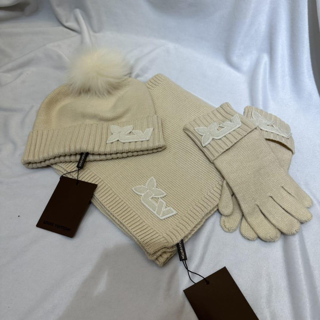 Louis Vuitton Flower Logo Pom Pom Scarf Beanie & Gloves Set