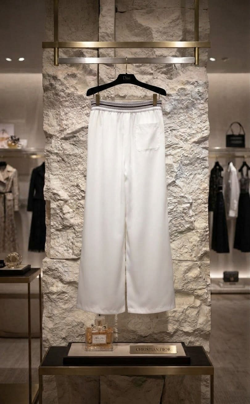 White Silk/Satin Wide-Leg Pants with Striped Waistband