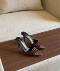 Saint Laurent Leopard Print Satin Pointed-Toe Mules with YSL Monogram Detail
