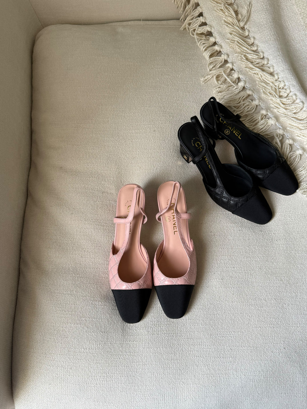 CHANEL Quilted Cap-Toe Slingback Heels