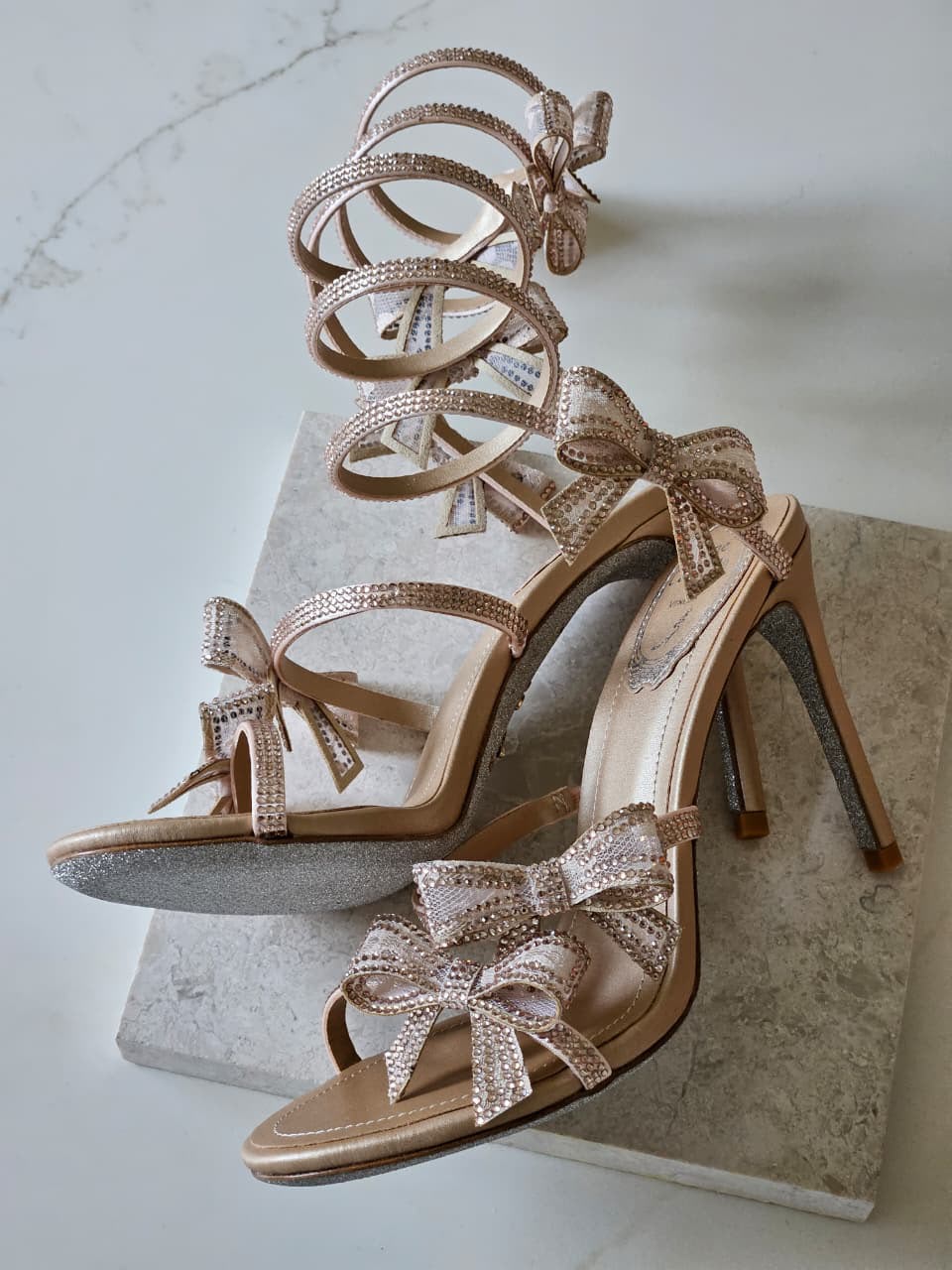 René Caovilla Cleo Crystal-Embellished Spiral Bow Sandals