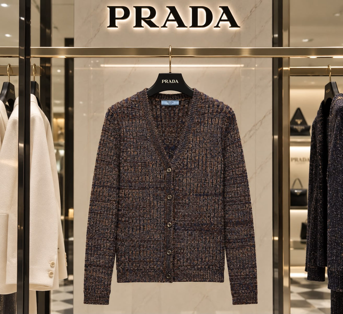 Prada Melange Knit Cardigan and Midi Skirt Set