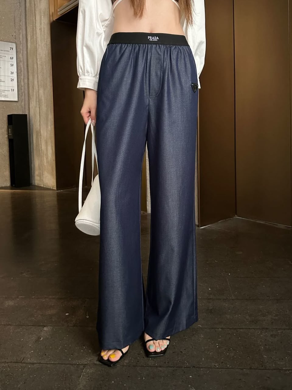 Prada Elastic Logo Band Wide-Leg Denim / Silk Pants