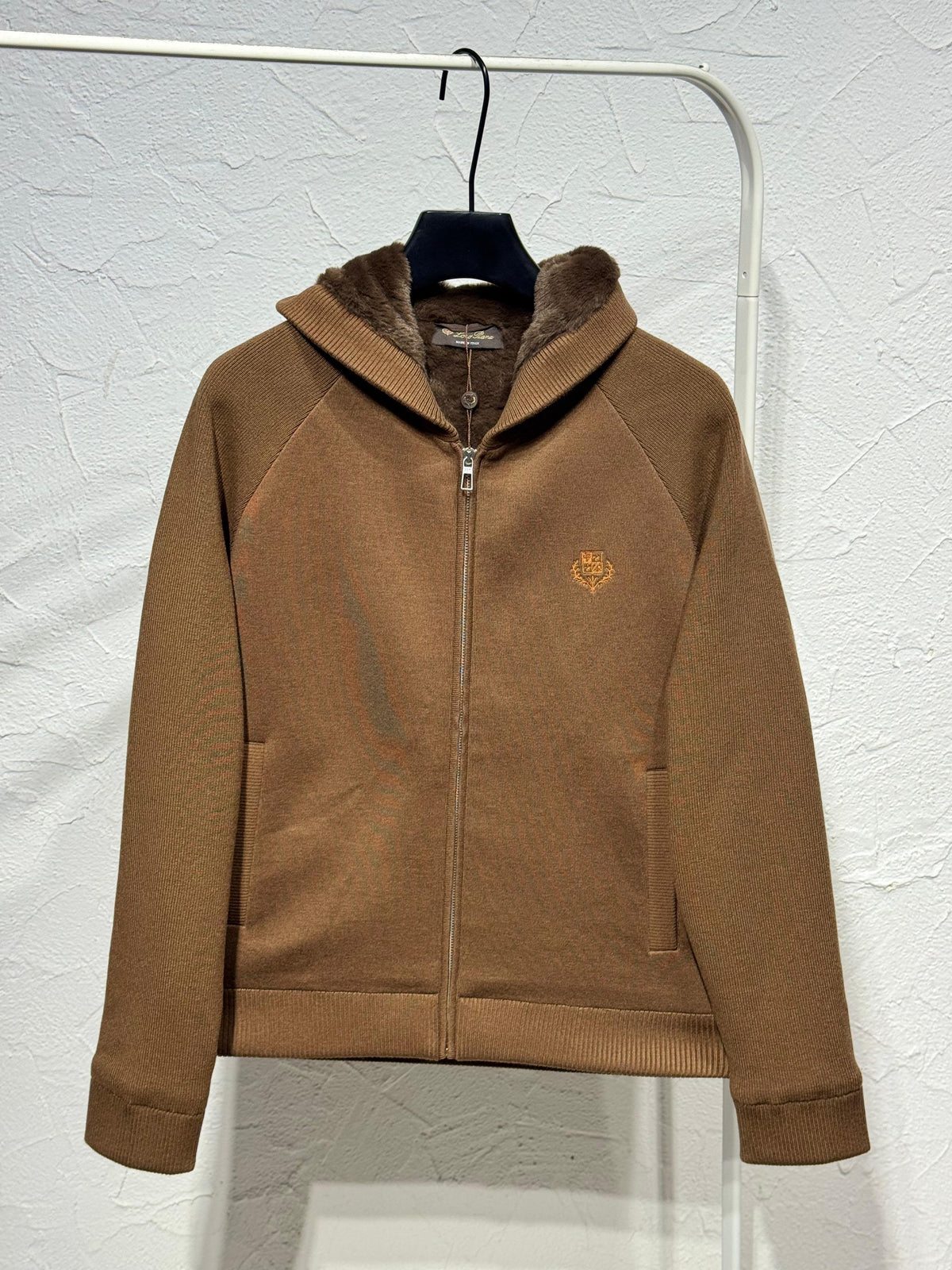 Brown Fleece Lined Hooded Zip Knit Jacket