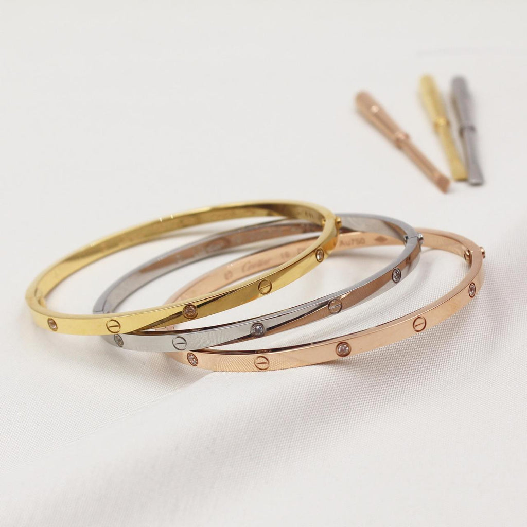 Cartier LOVE Small Model Bracelets with Diamonds in Rose Gold, White Gold and Yellow Gold