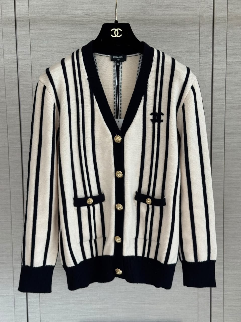 Chanel Vertical Stripe Knit Cardigan with CC Logo and Gold Buttons