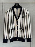 Chanel Vertical Stripe Knit Cardigan with CC Logo and Gold Buttons