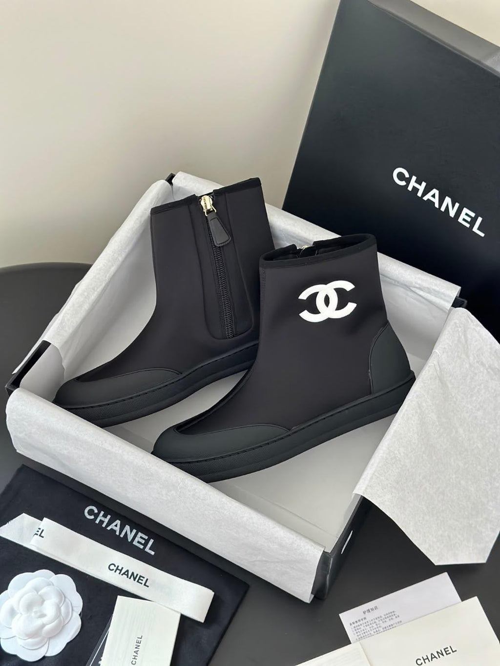 CHANEL Black Fabric & Stretch Ankle Boots