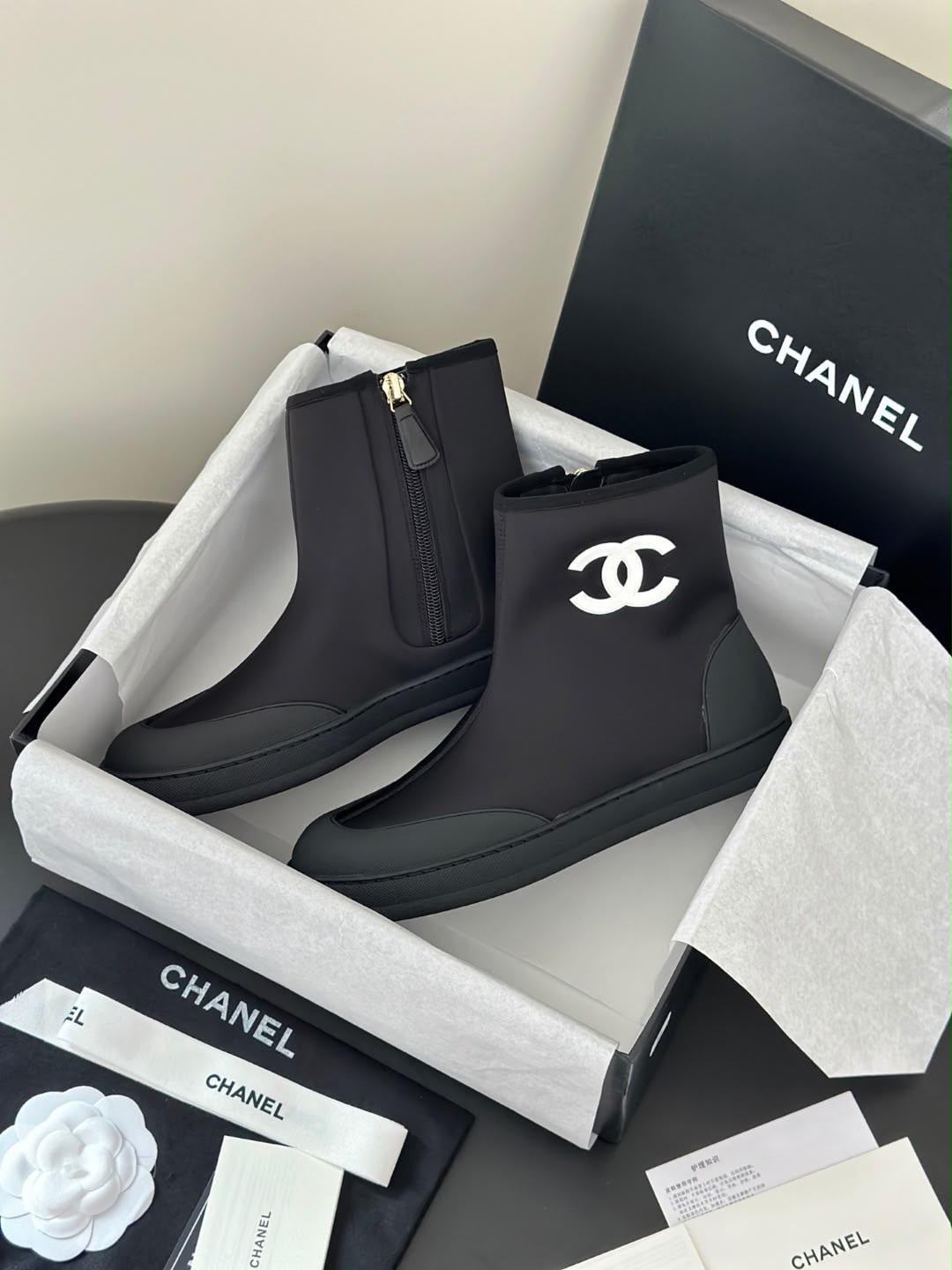 CHANEL Black Fabric & Stretch Ankle Boots