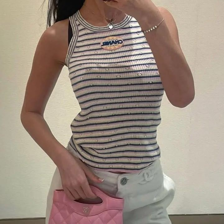 Chanel Striped Logo Patch Knit Tank Top