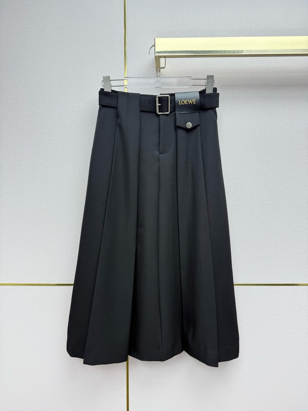 Loewe Pleated Midi Skirt with Belt and Pocket Detail