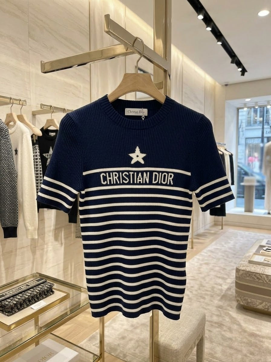 Christian Dior Striped Short-Sleeve Knit Top