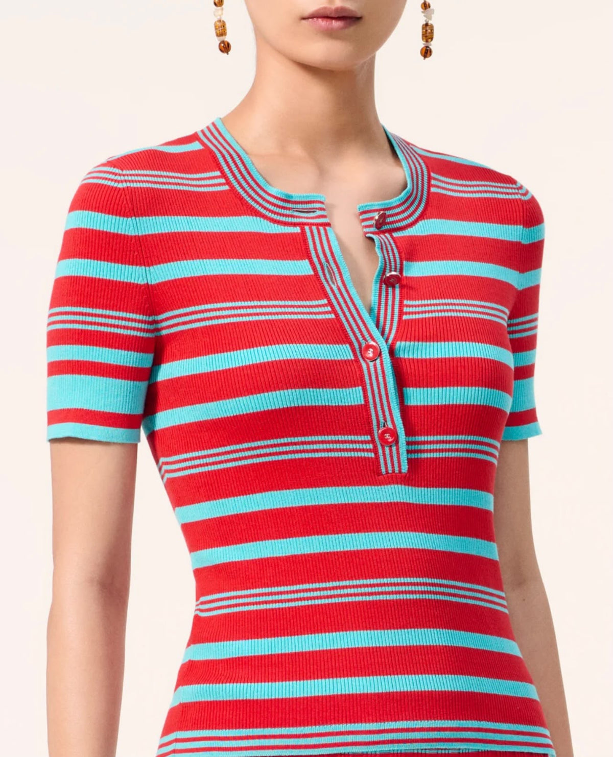 Chanel  Striped Ribbed-Knit Cotton Henley Top