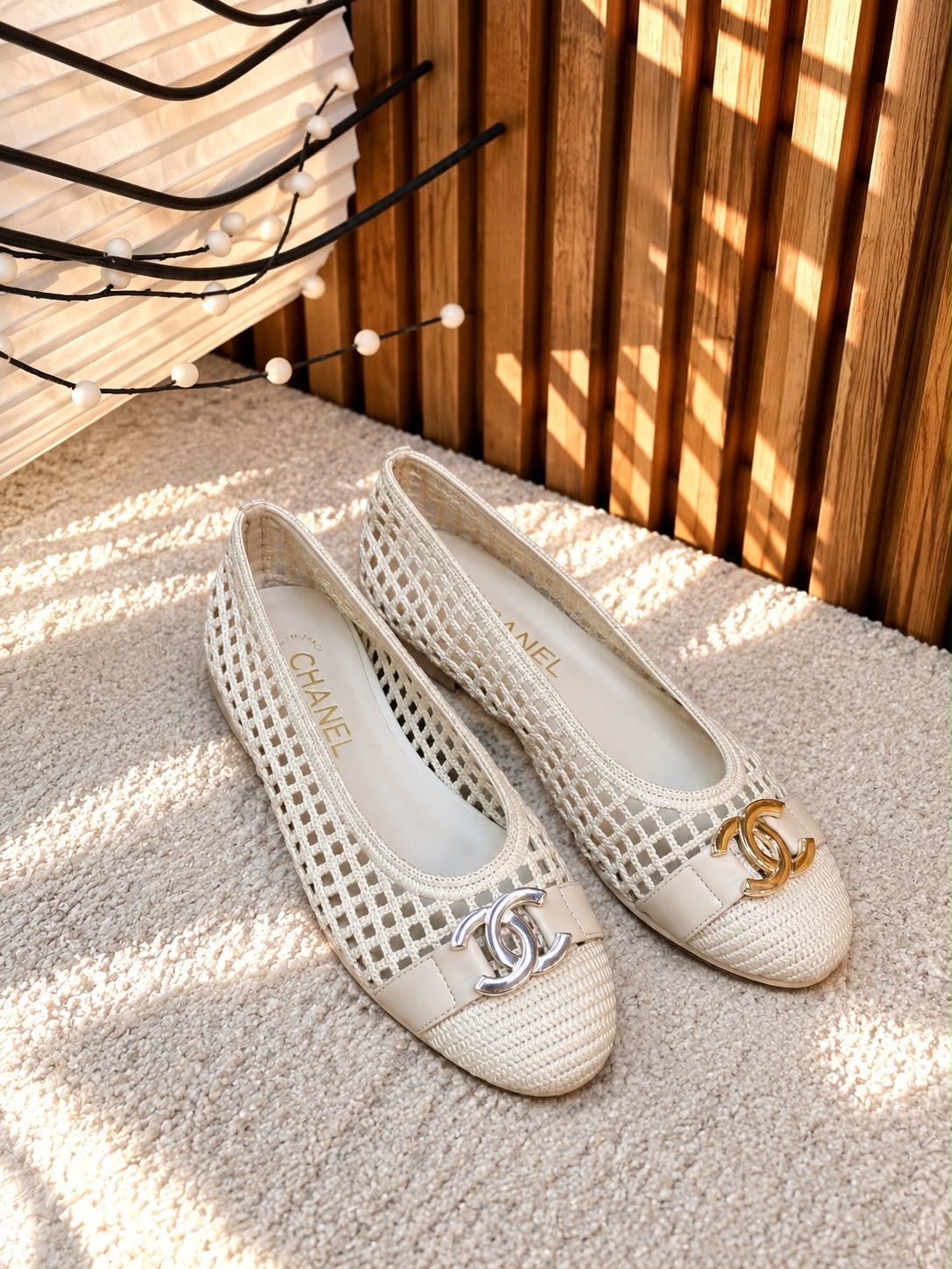 Beige Chanel CC Flats