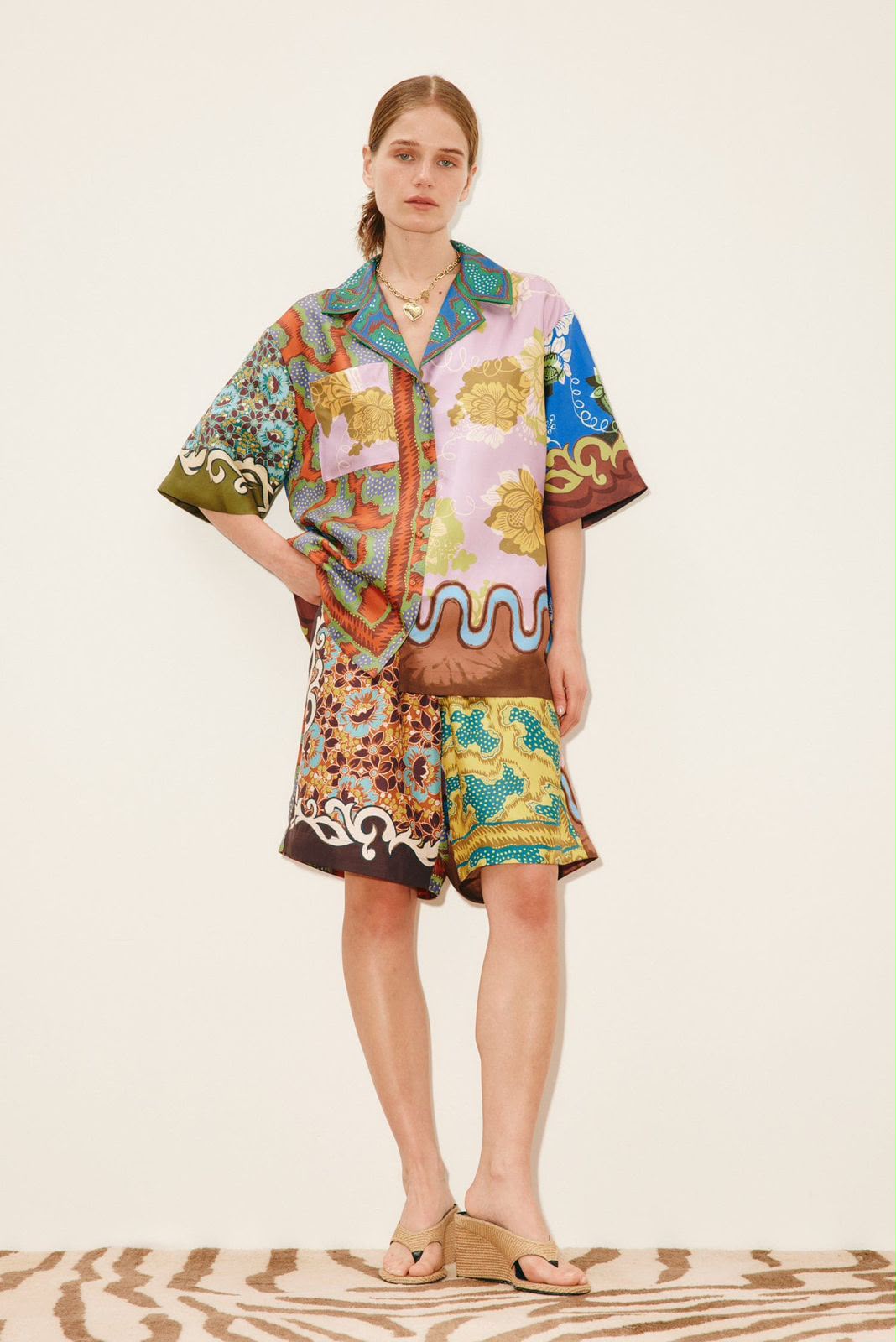 Alémais Multi-Color Patchwork Print Silk Short-Sleeve Shirt and Shorts Set