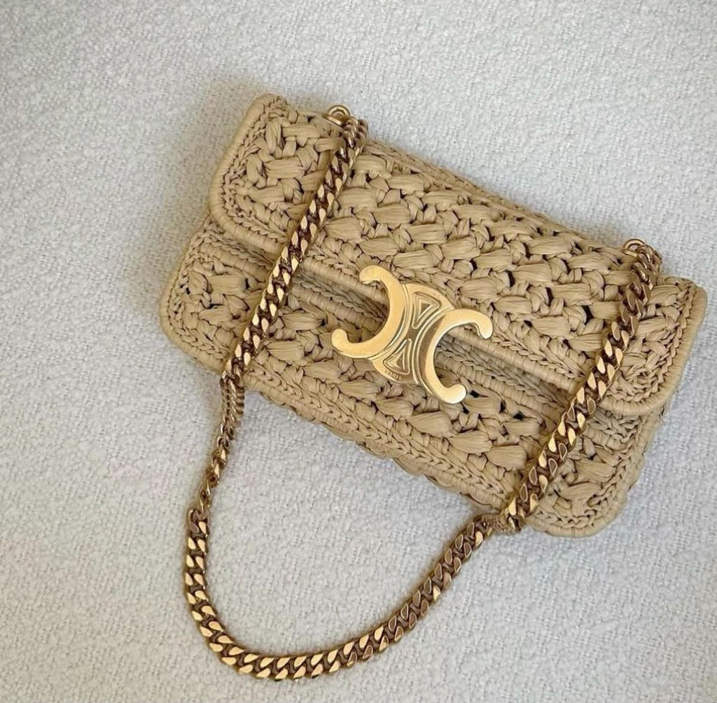 Celine Chain Shoulder Bag Claude in Raffia-Effect Textile