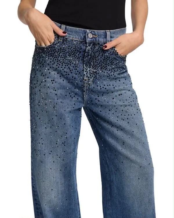 Miu Miu Rhinestone-Embellished Wide-Leg Denim Jeans
