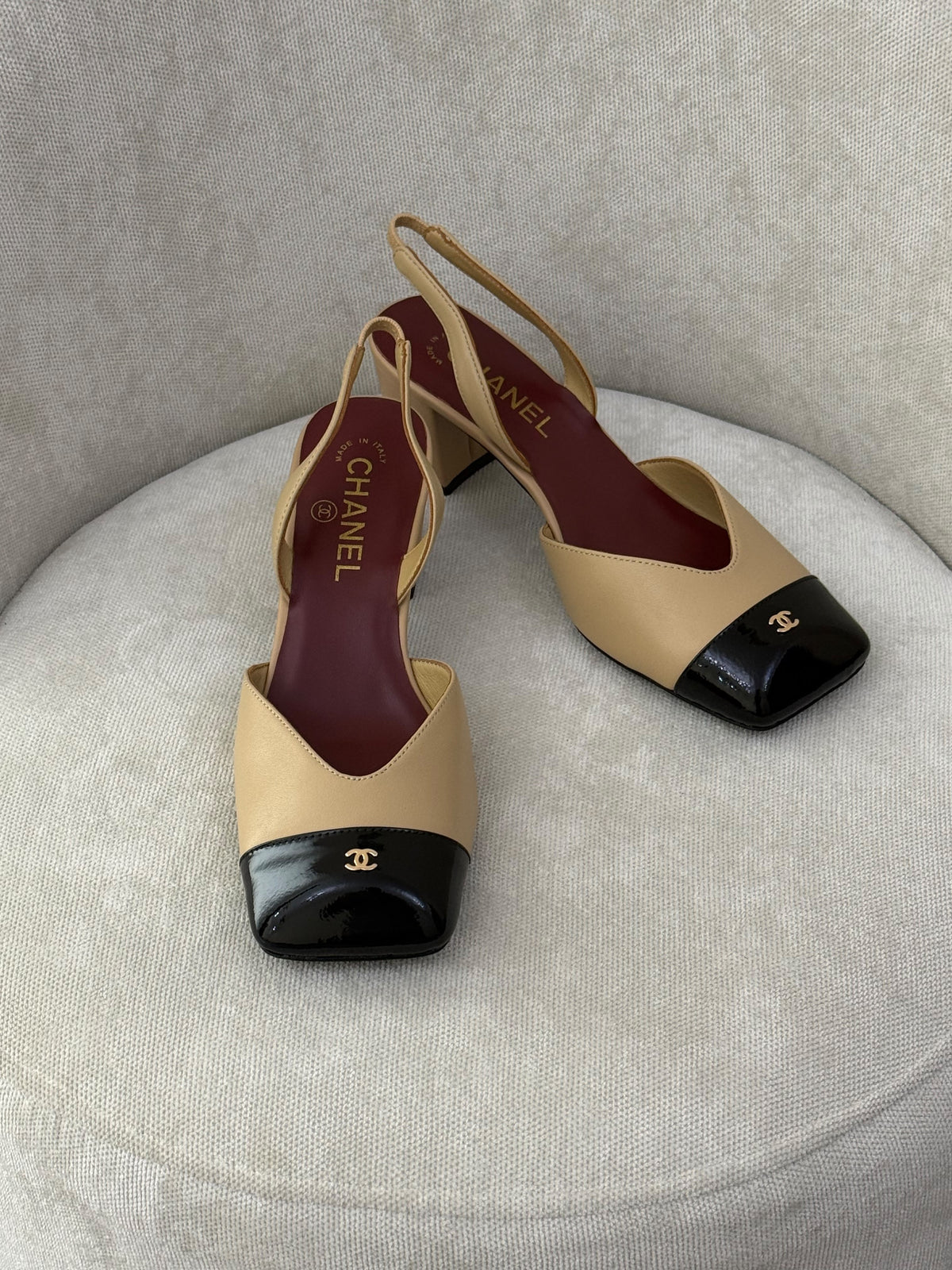 Chanel Patent Cap-Toe Slingback Pumps
