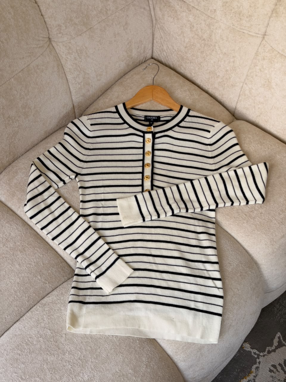 CHANEL — Striped Ribbed Knit Henley Sweater with Gold CC Buttons