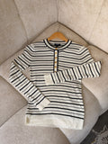 CHANEL — Striped Ribbed Knit Henley Sweater with Gold CC Buttons