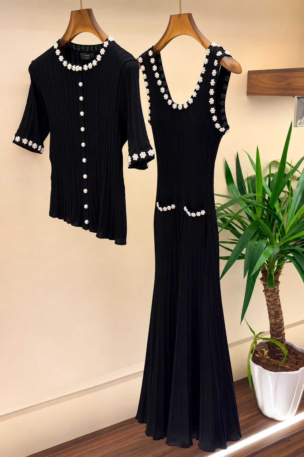 Sandro Women Pearl Flower Button Knit Cardigan & Dress Set