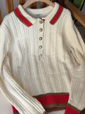 Chanel Cream Cable-Knit Polo Sweater with Red and Brown Trim