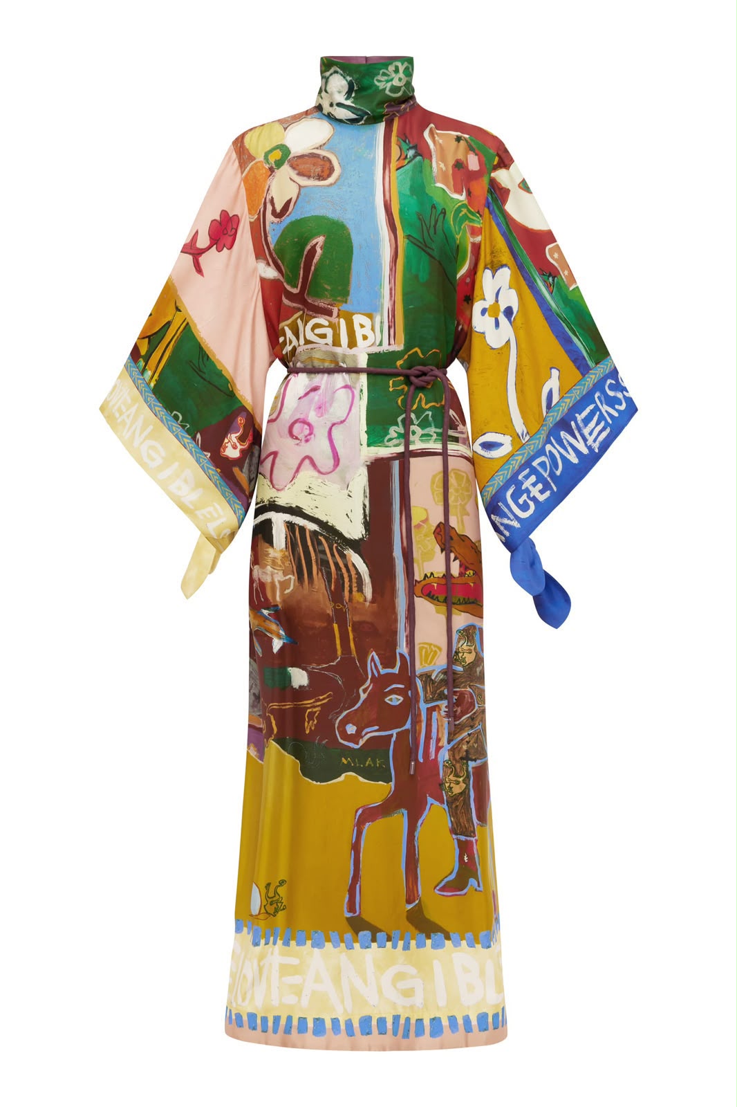 Alémais Multi-Color Scenic Print Silk Maxi Dress with Mock Neck and Tie Belt