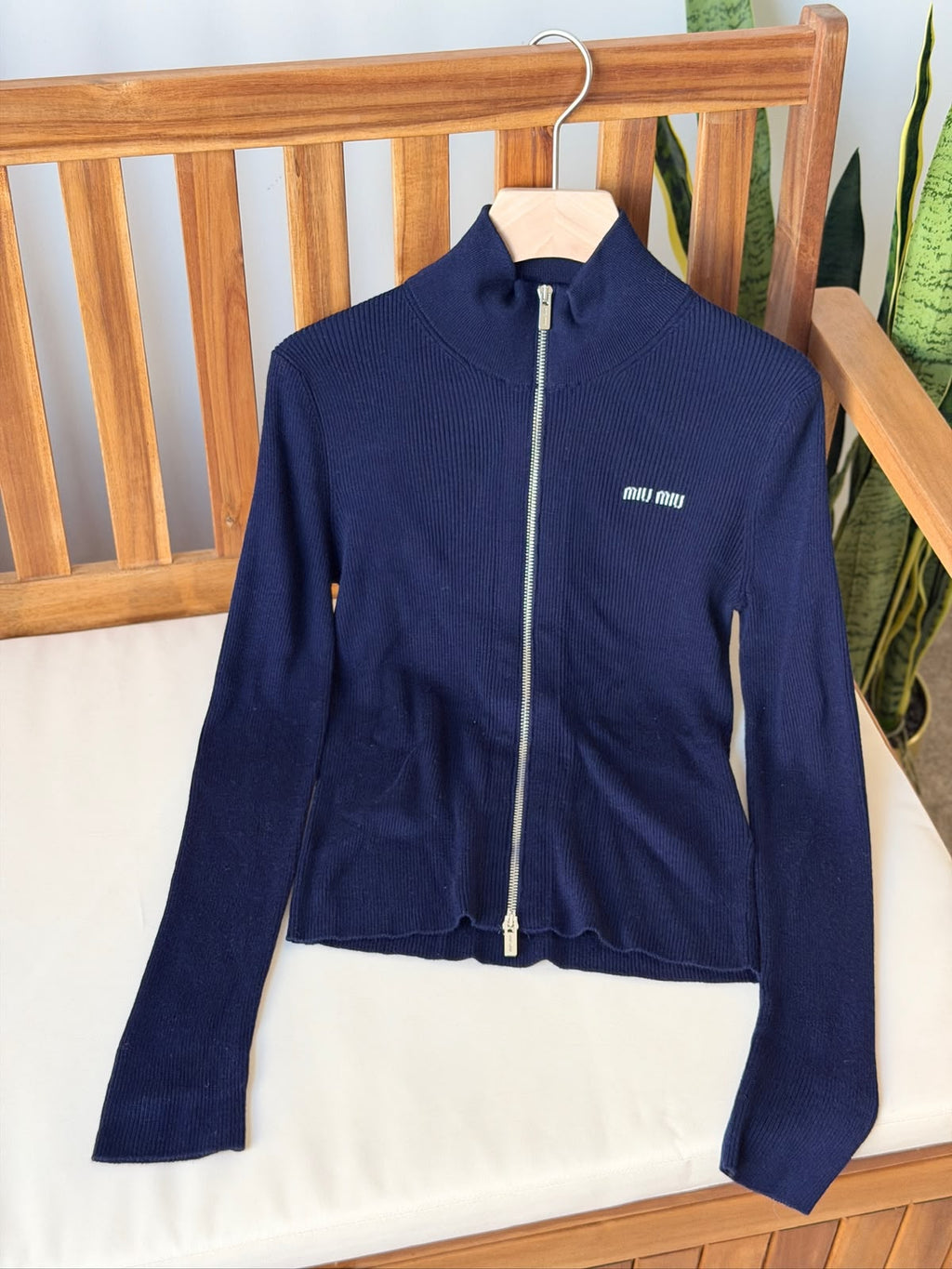 Miu Miu Ribbed Knit Full-Zip Jacket with Embroidered Logo