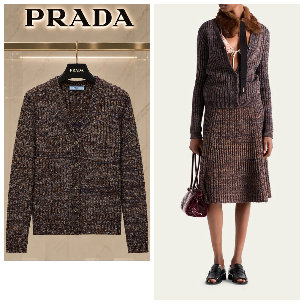 Prada Melange Knit Cardigan and Midi Skirt Set