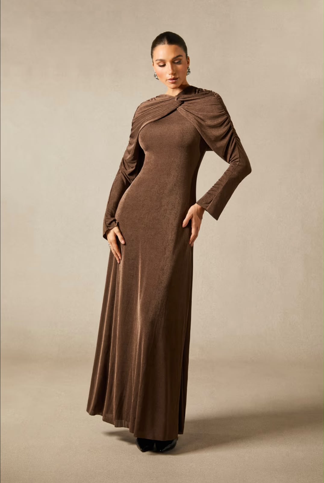 Sandro Long-Sleeve Draped-Neck Knit Maxi Dress (Brown)