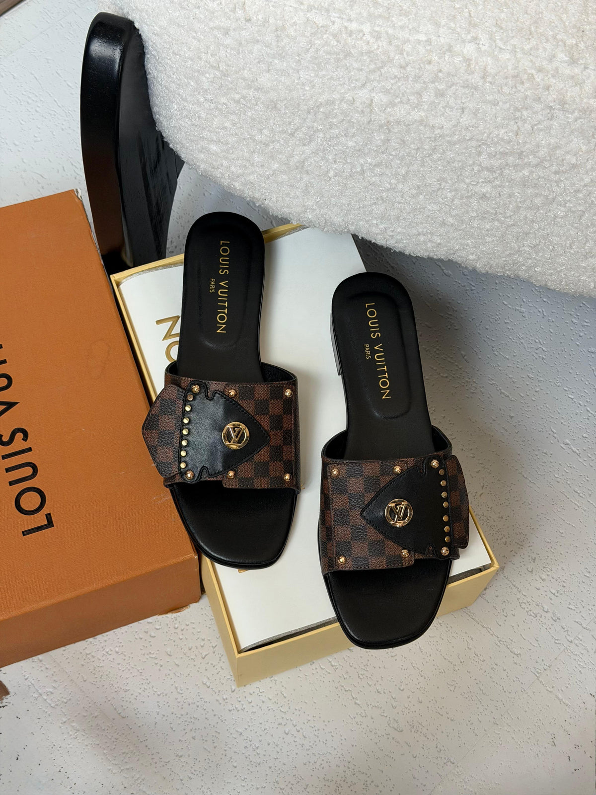 Louis Vuitton Damier Ebene Studded Flat Slide Sandals