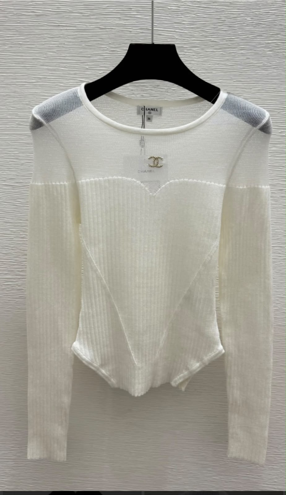 Chanel Sheer Mesh Paneled Long-Sleeve Knit Top with CC Hardware