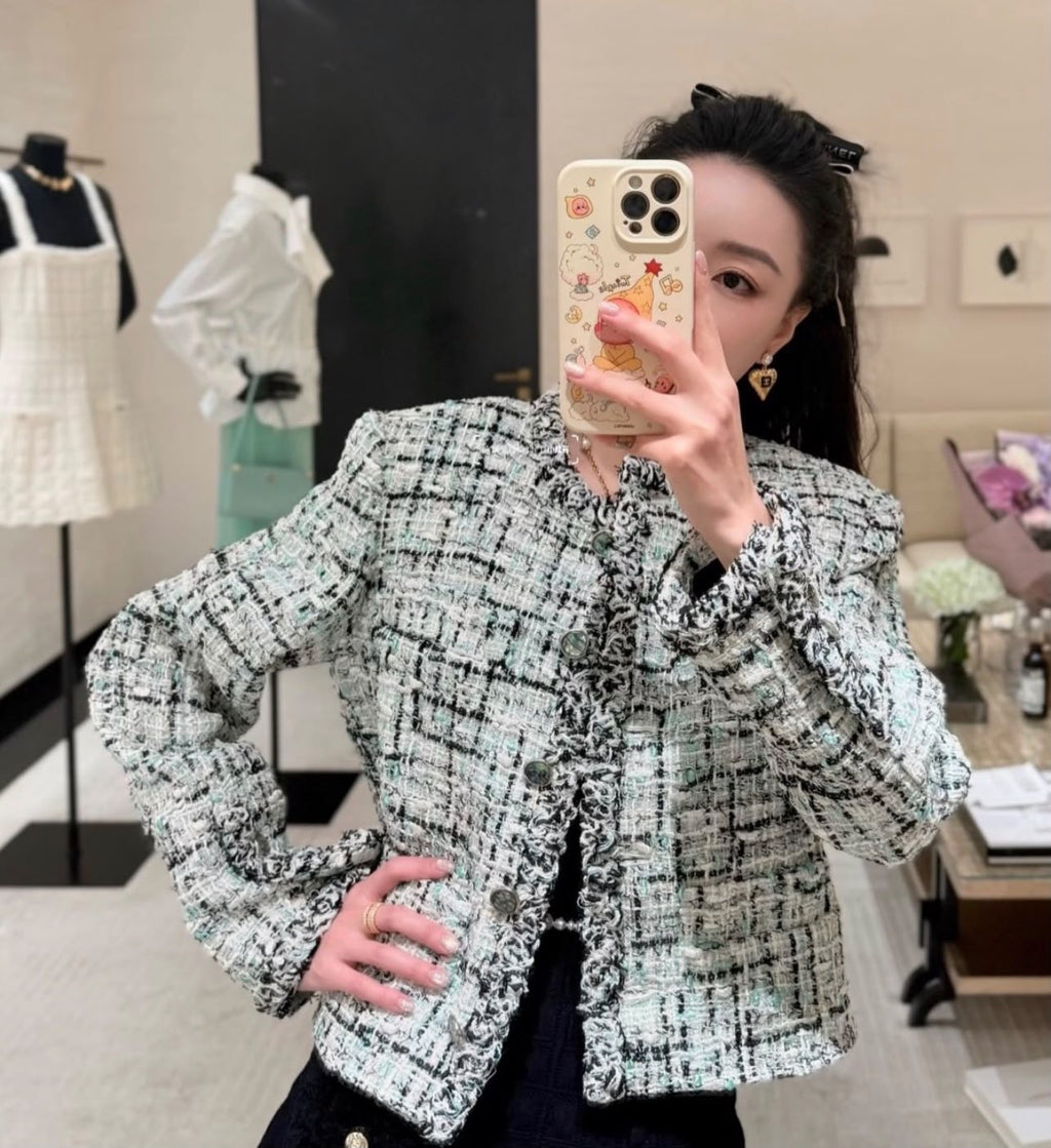 Chanel Light Mint Green & Black Plaid Tweed Fringe Trim Jacket