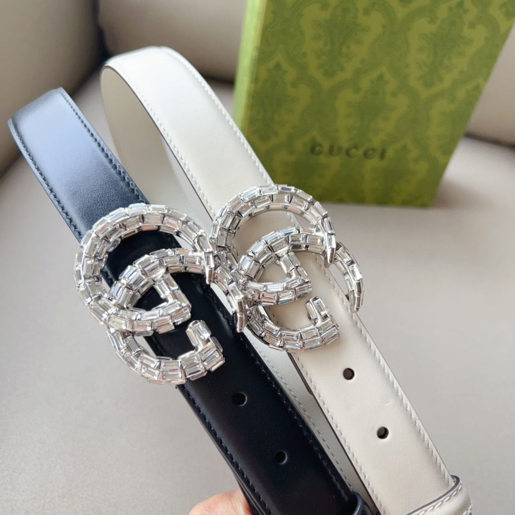 GUCCI Crystal Double G Leather Belt