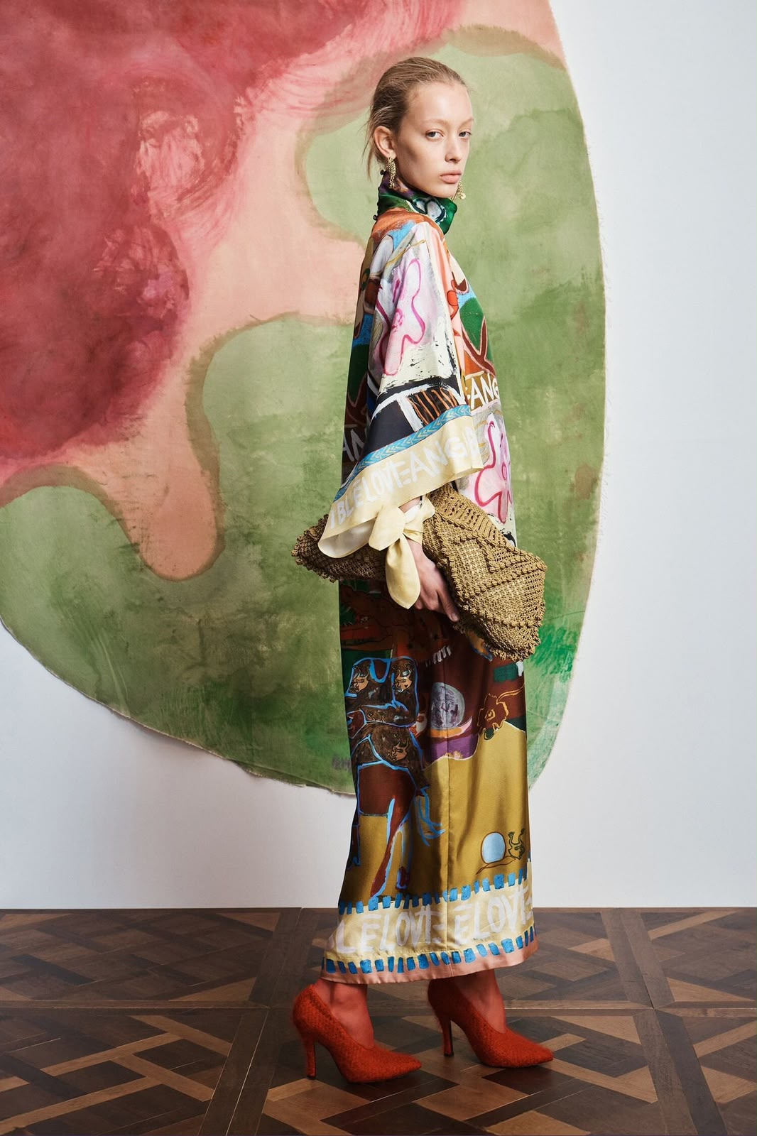 Alémais Multi-Color Scenic Print Silk Maxi Dress with Mock Neck and Tie Belt