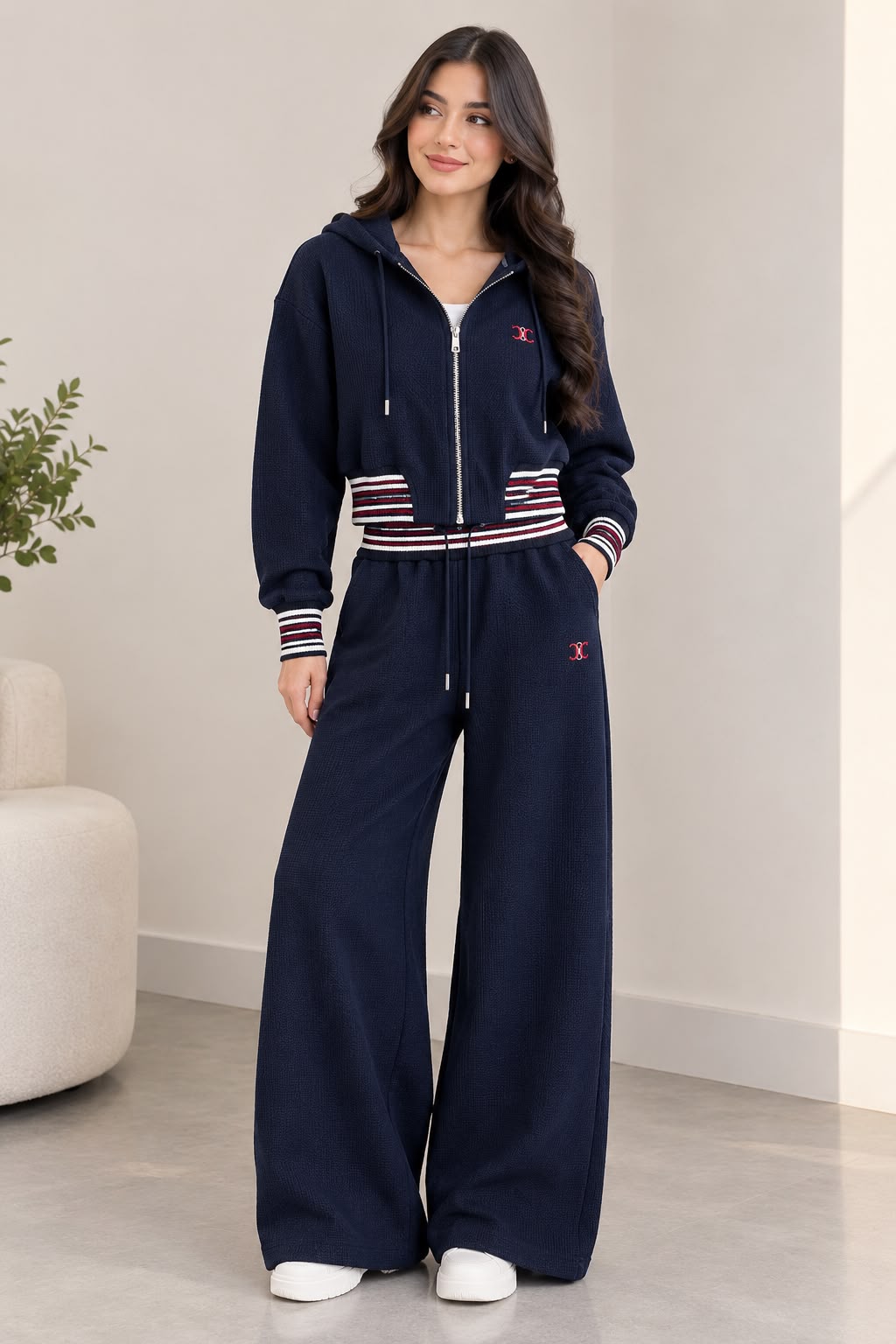 Celine Triomphe Striped Trim Zip Hoodie and Wide