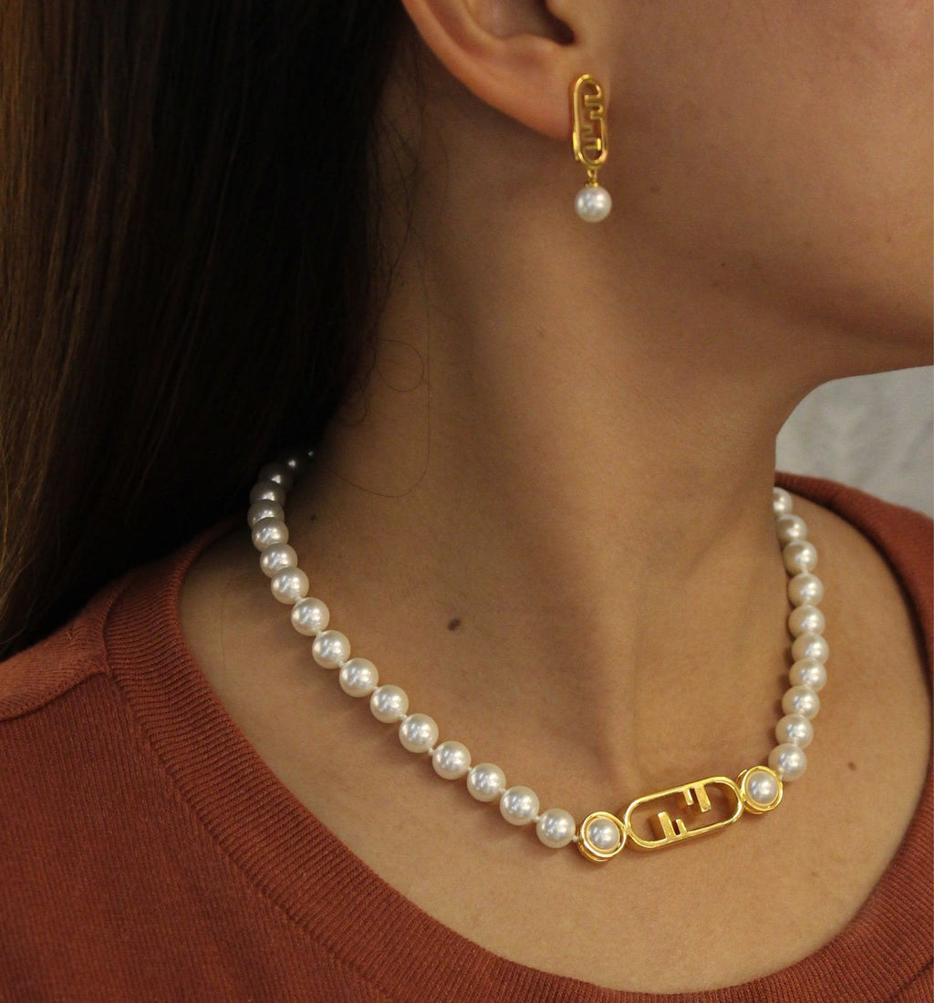 Fendi FF Pearl Necklace & Earrings Set