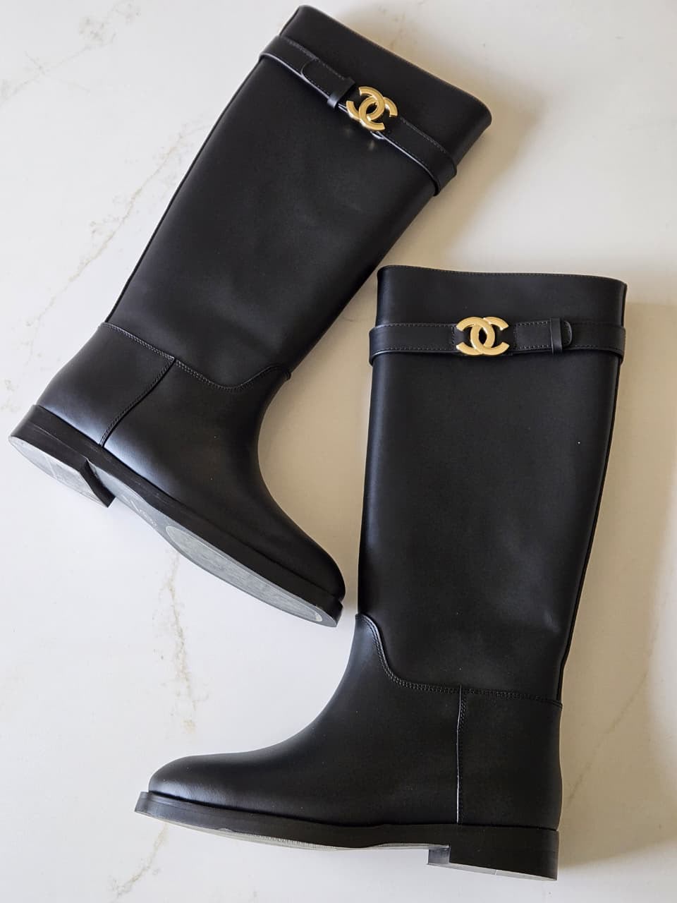 Chanel Black Leather Tall Boot with Gold CC Logo Buckle