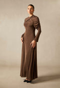 Sandro Long-Sleeve Draped-Neck Knit Maxi Dress (Brown)