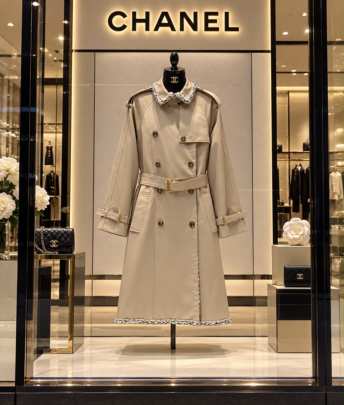 CHANEL Beige Contrast-Trim Belted Trench Coat