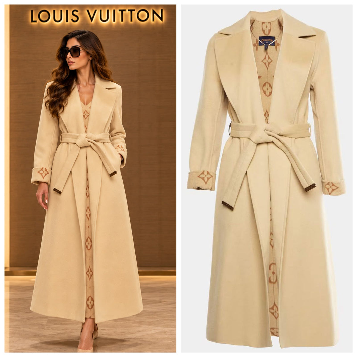 Louis Vuitton Monogram-Lined Long Wool Wrap Coat