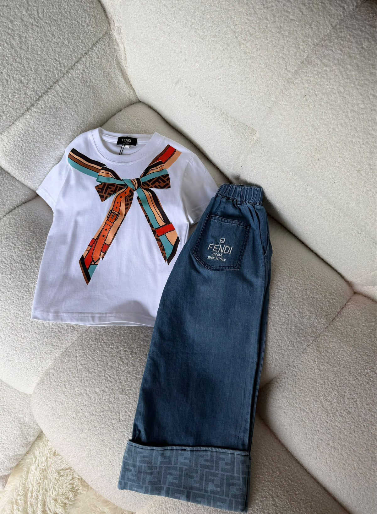 Fendi Kids Bow Tee and Denim Pants Set