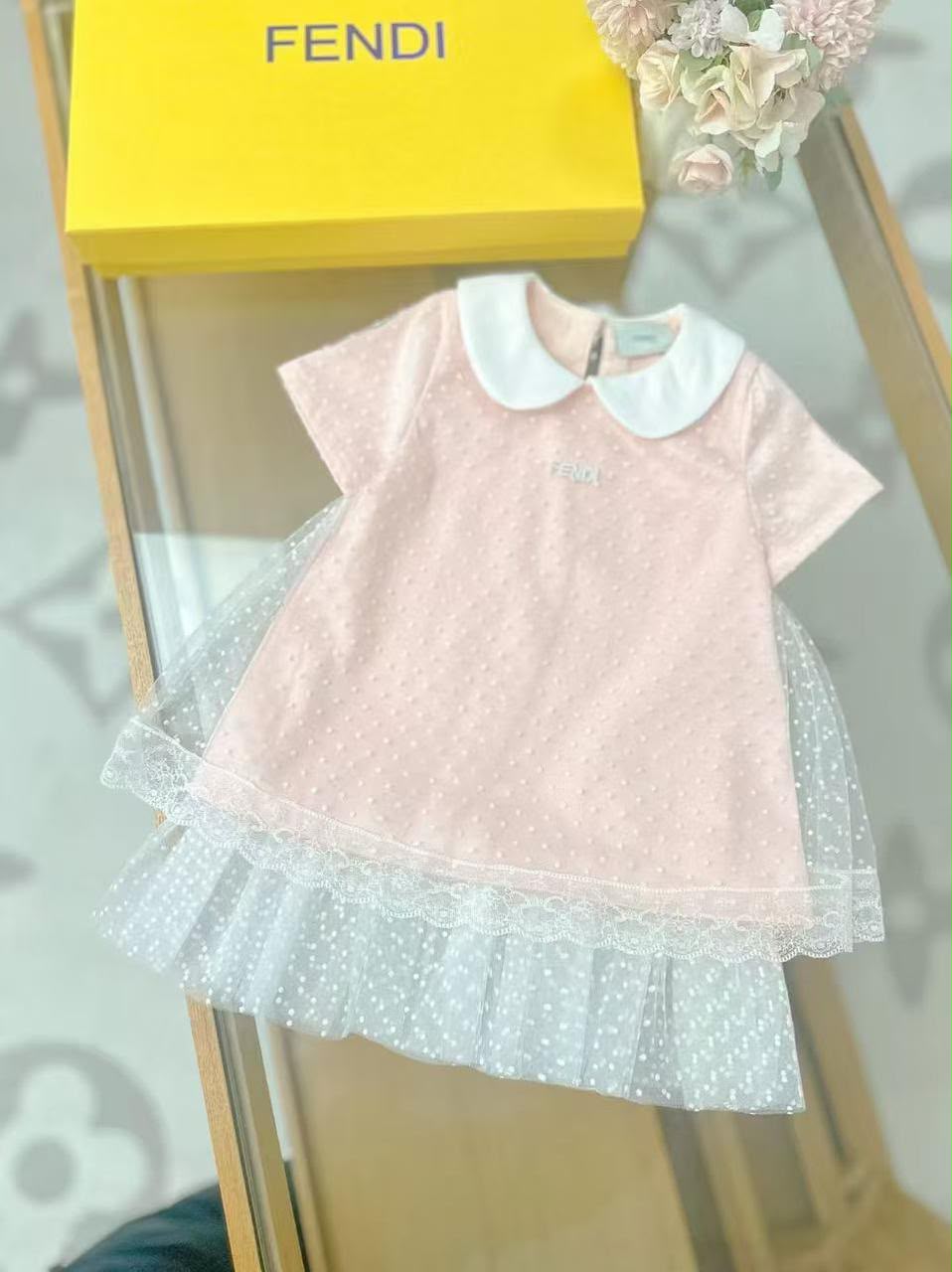 Fendi Kids Pink Dotted Tulle Collar Dress