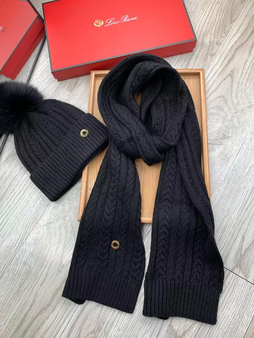 Loro Piana Cable Knit Pom Pom Scarf & Beanie Set