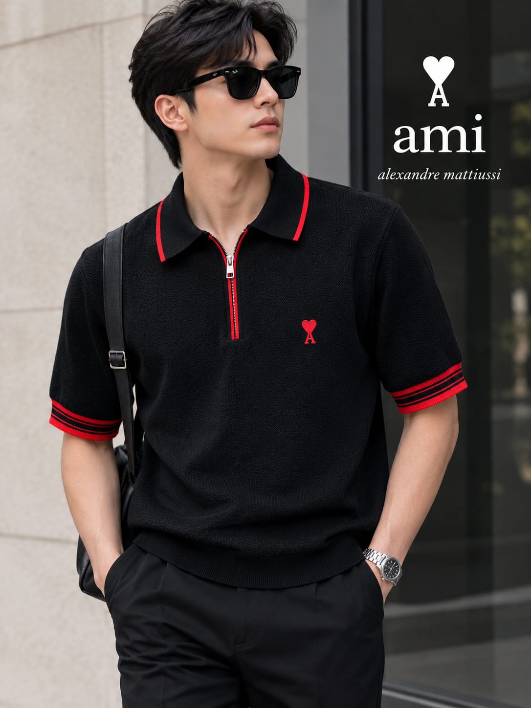 Ami Men Red Detail Zip Polo
