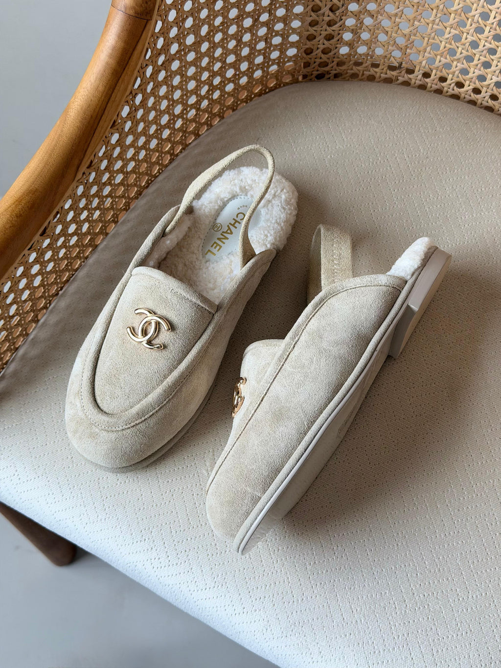 Chanel Shearling-Lined Loafer Mules with CC Logo