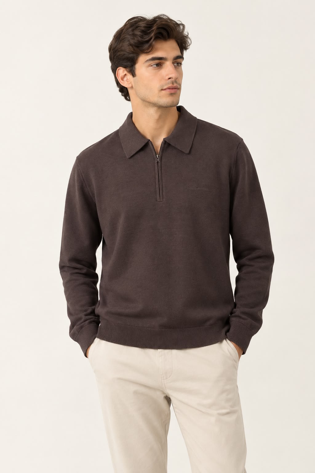 Loro Piana Tonal Logo Quarter Zip Collared Sweater