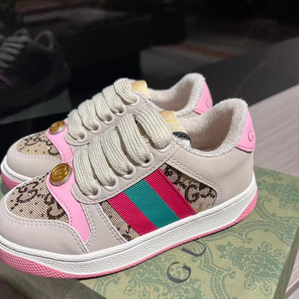 Gucci Kids Cream GG Pink Trim Sneakers